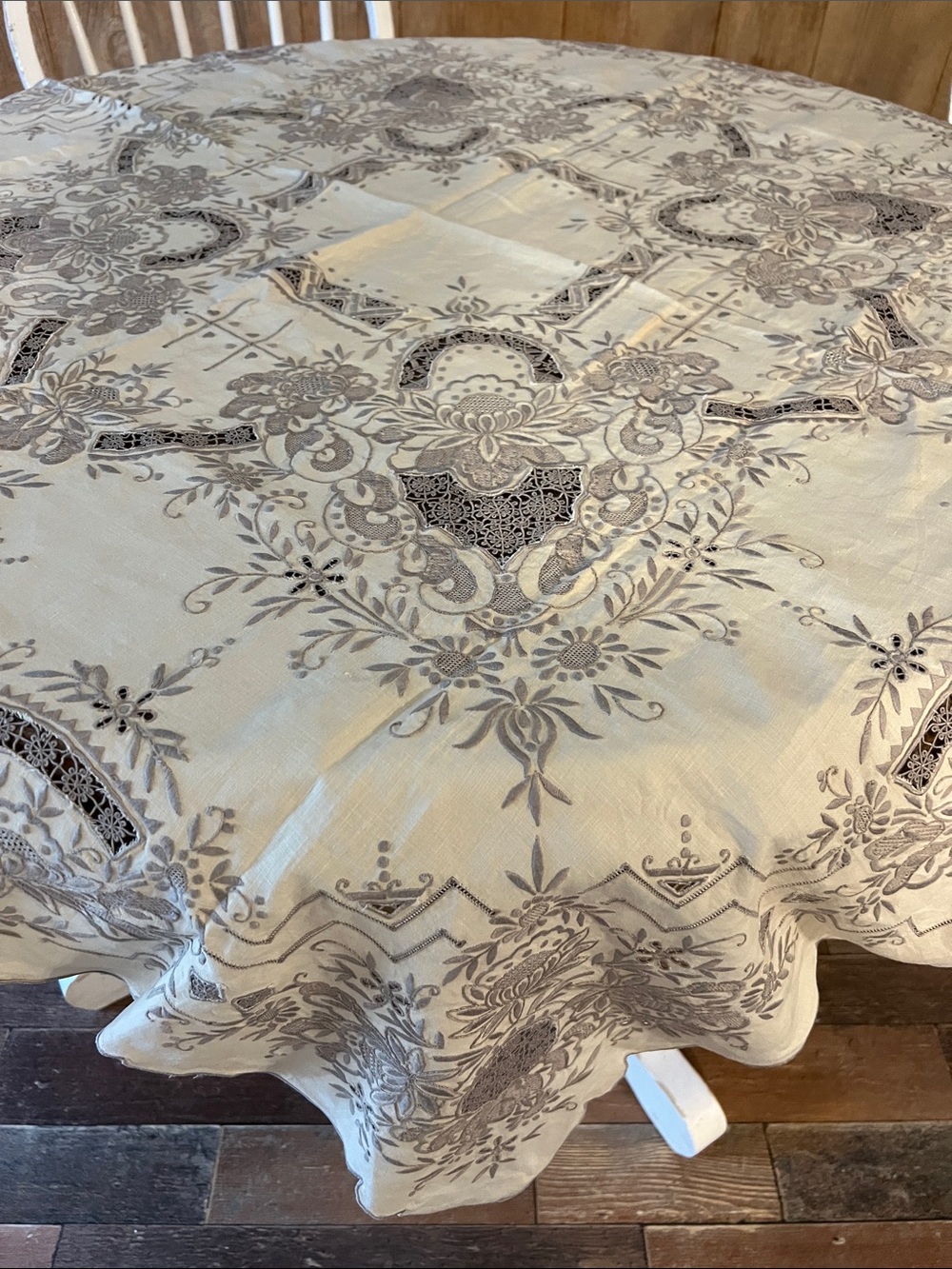 Classic square  Cream Tablecloth with Taupe Embroidered Pattern